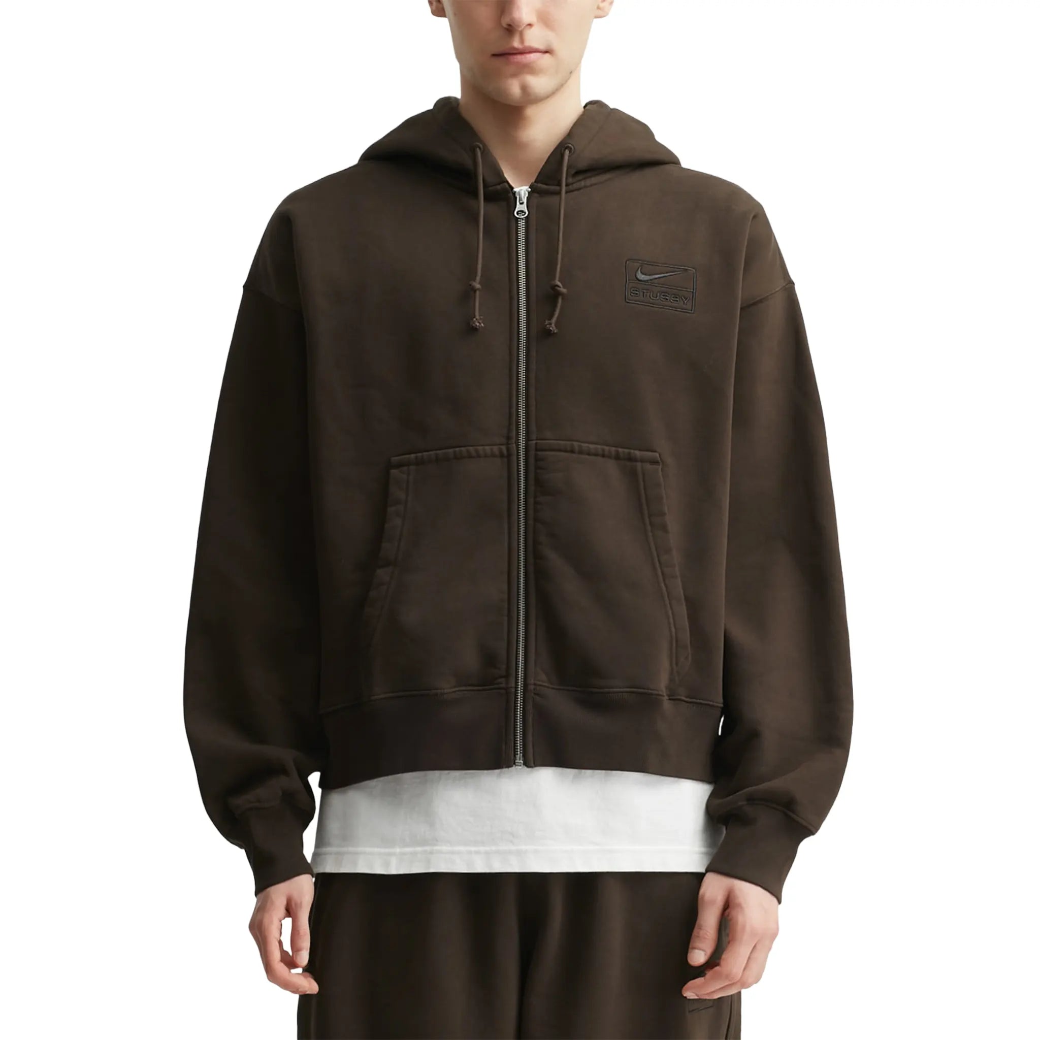 Model Front View of Nike x Stussy Fleece Stone Washed Dark Cinder Zip-Up Hoodie (FW25) FJ9176-261